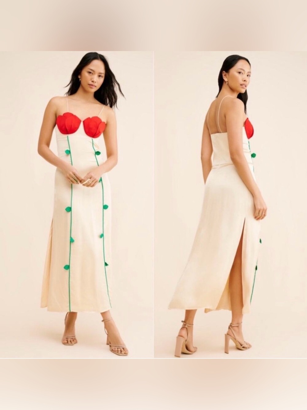Red & Cream Floral Appliqué Slip Maxi Dress